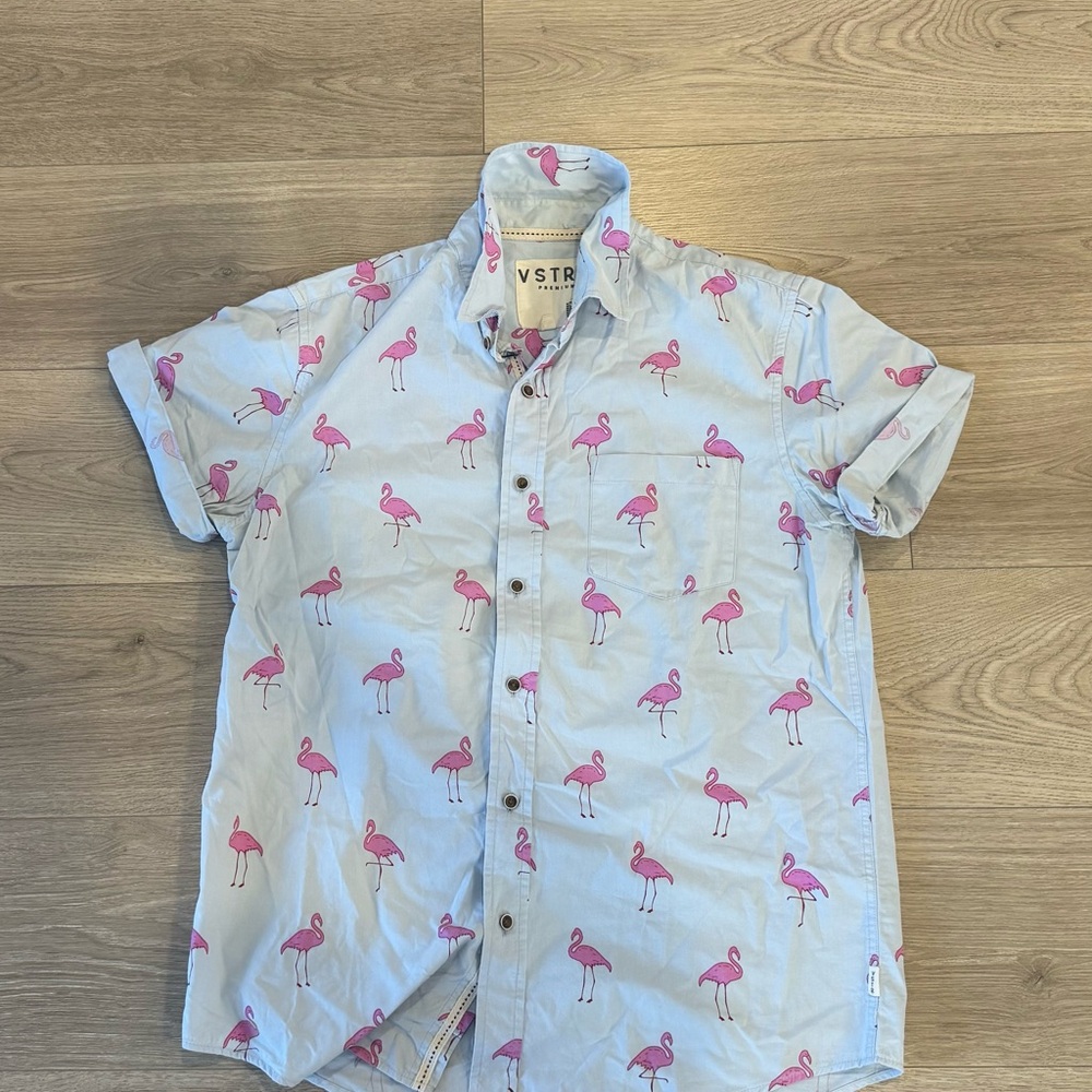 Light Blue Short-Sleeve Button-Down Shirt with Pink Flamingo Print
